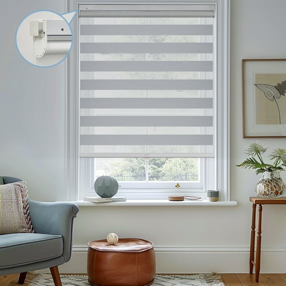 Keego No Tools No Drill Cordless Zebra Roller Blinds Blackout Dual Layer Roller Shades Privacy Zebra Windows Shades Zebra Blinds for Windows - Gray, 59"W x 48"H