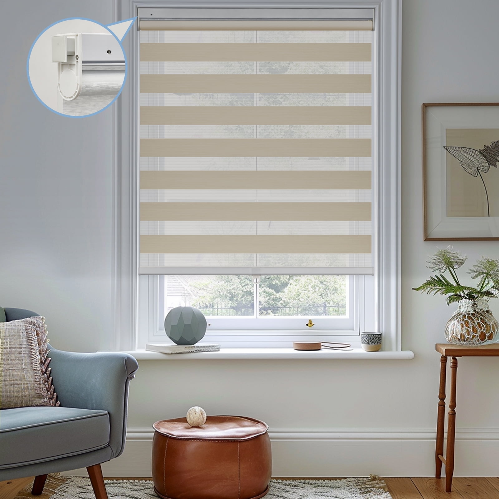 Keego No Tools No Drill Cordless Zebra Roller Blinds Blackout Dual Layer Roller Shades Privacy Zebra Windows Shades Zebra Blinds for Windows - Sand, 26"W x 64"H