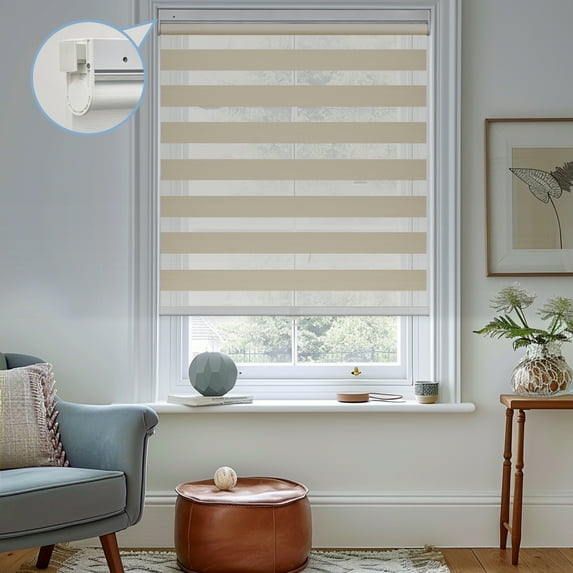 Keego No Tools No Drill Cordless Zebra Roller Blinds Blackout Dual Layer Roller Shades Privacy Zebra Windows Shades Zebra Blinds for Windows - Sand, 33"W x 48"H