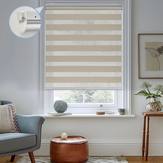 Keego No Tools No Drill Cordless Zebra Roller Blinds Blackout Dual Layer Roller Shades Privacy Zebra Windows Shades Zebra Blinds for Windows - Sand, 40"W x 32"H