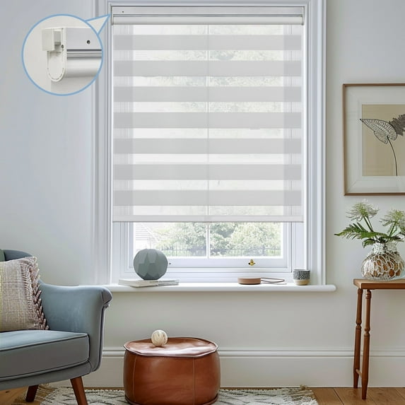 Keego No Tools No Drill Cordless Zebra Roller Blinds Light Filtering Dual Layer Roller Shades Privacy Zebra Windows Shades Zebra Blinds for Windows - LightGray, 52"W x 48"H
