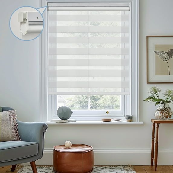 Keego No Tools No Drill Cordless Zebra Roller Blinds Light Filtering Dual Layer Roller Shades Privacy Zebra Windows Shades Zebra Blinds for Windows - White, 21"W x 48"H