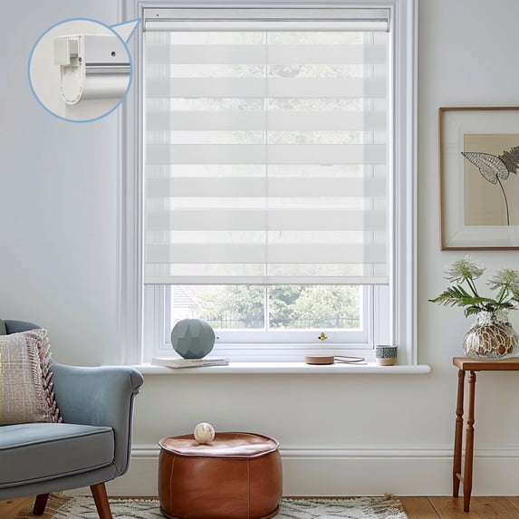 Keego No Tools No Drill Cordless Zebra Roller Blinds Light Filtering Dual Layer Roller Shades Privacy Zebra Windows Shades Zebra Blinds for Windows - White, 24"W x 32"H
