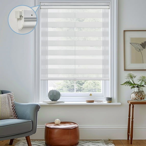Keego No Tools No Drill Cordless Zebra Roller Blinds Light Filtering Dual Layer Roller Shades Privacy Zebra Windows Shades Zebra Blinds for Windows - White, 48"W x 48"H