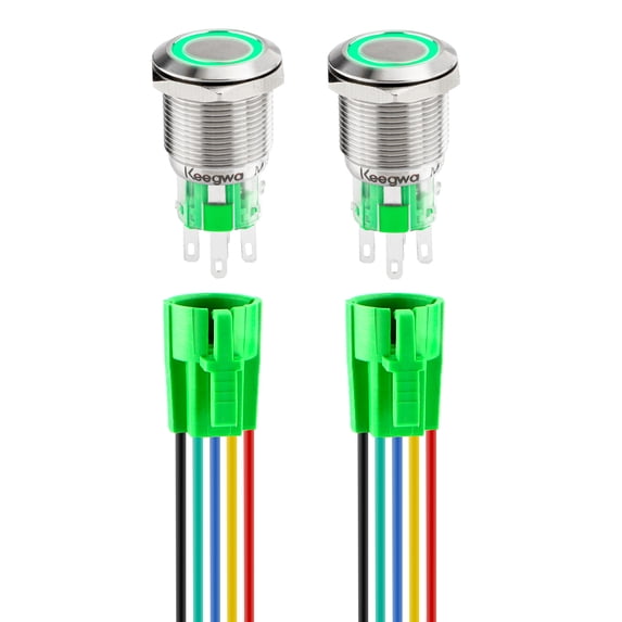 Keegwa (2 PCS) 19mm Latching Push Button Switch Silver Stainless Steel Metal with Ring LED Light with Wire Socket Plug Self-Locking 12V-24V 5A SPDT 1NO1NC (Green)