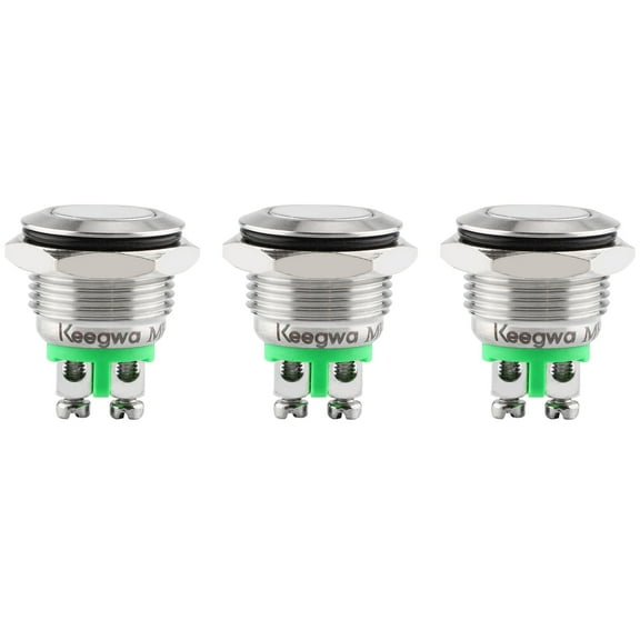 Keegwa (3 PCS) 16MM Momentary Push Button Switch Metal Waterproof Stainless Steel 12V 24V 36V DC 110V 250V AC 5A 1NO SPST (Flat Round)