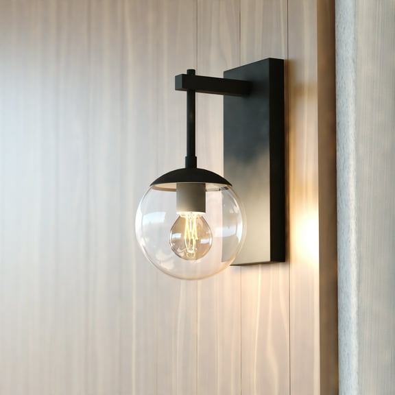 Keeler 1 Light Matte Black Indoor Outdoor Wall Sconce Clear Glass Globe Shade, LED Compatible