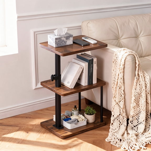 Keelian Adjustable Height 360° Swivel Side End Table, 3‑Tier Open Shelf TV Tray for Small Spaces, Living Room, Bedroom,Rustic Brown