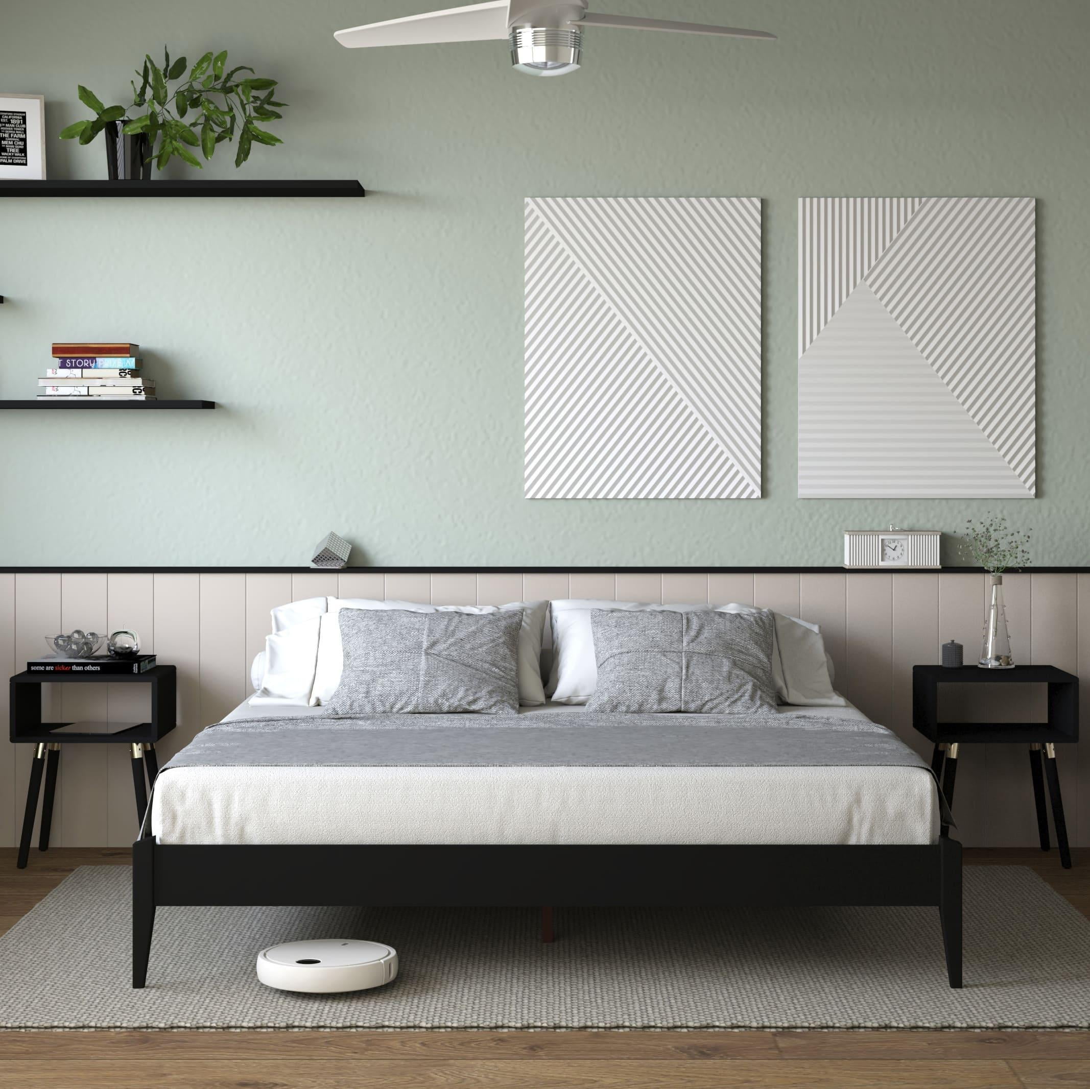 Keelin 15" King Size Platform Bed Frame, Modern, Solid Wood Bed, Ivory Black