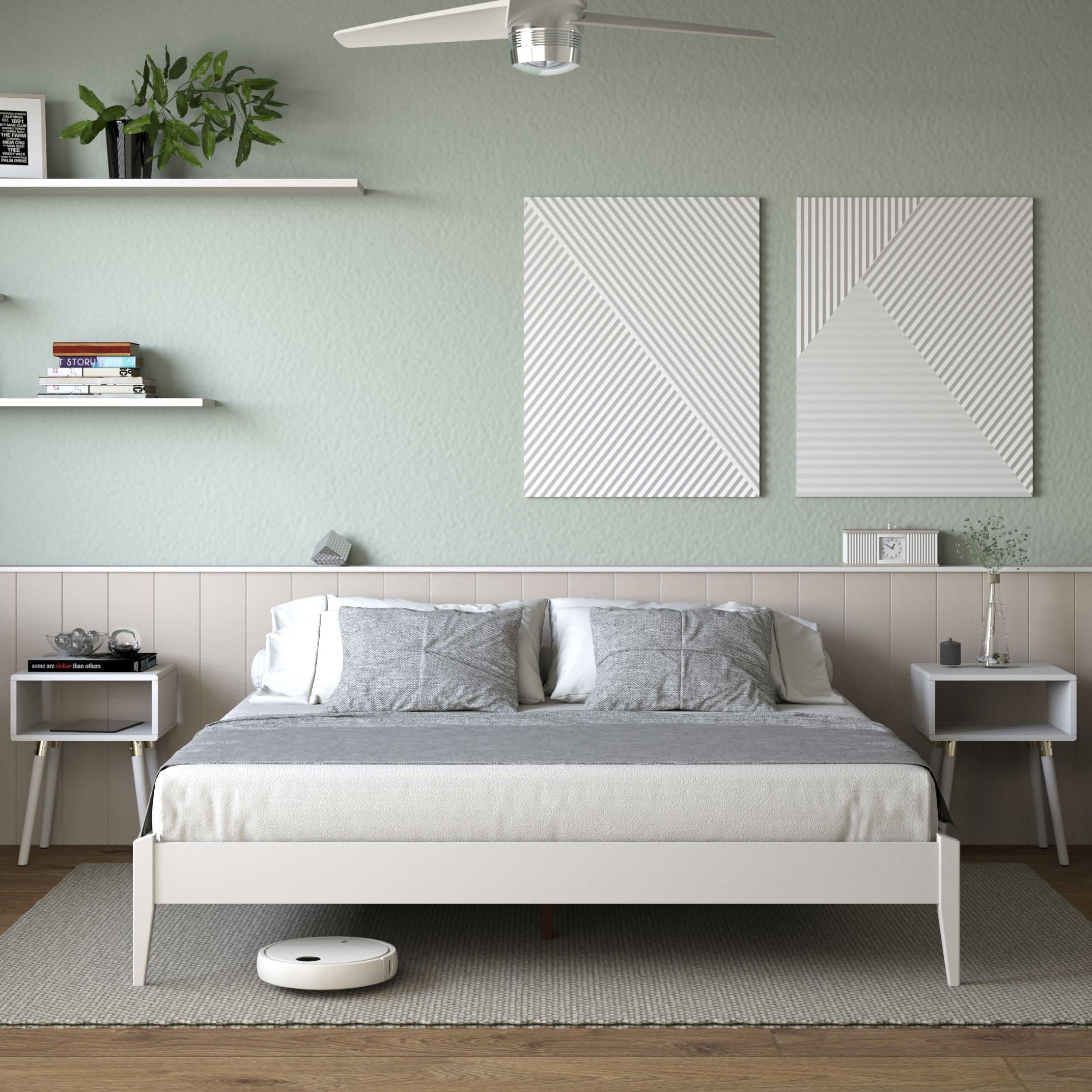 Keelin 15" King Size Platform Bed Frame, Modern, Solid Wood Bed, Ivory White