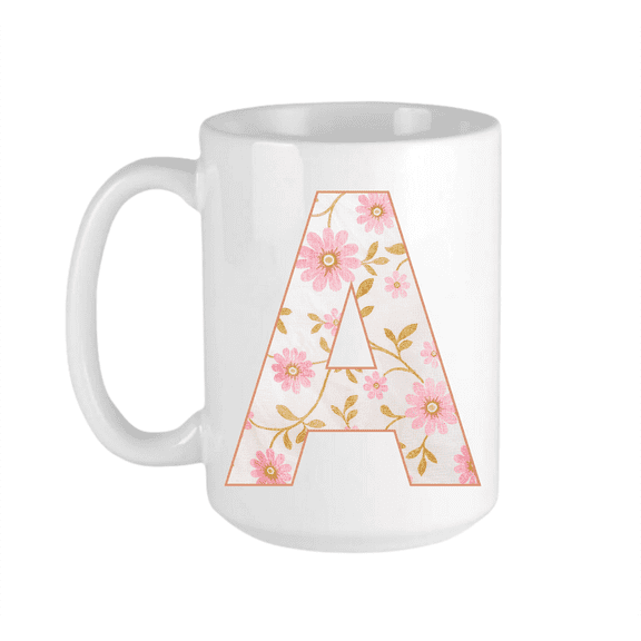 Keely's Letter A Initial Monogram Ceramic Coffee Mug, Floral Pink and White Design 11 oz