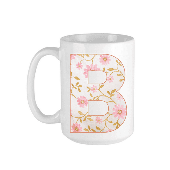 Keely's Letter B Initial Monogram Ceramic Coffee Mug, Floral Pink and White Design 11 oz