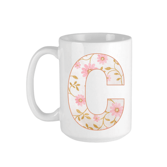 Keely's Letter C Initial Monogram Ceramic Coffee Mug, Floral Pink and White Design 11 oz