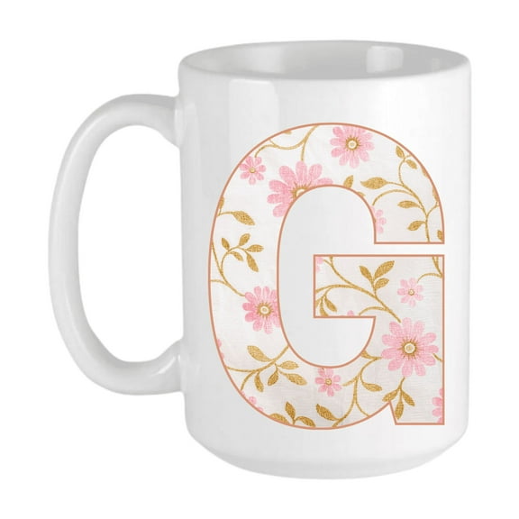 Keely's Letter G Initial Monogram Ceramic Coffee Mug, Floral Pink and White Design 11 oz