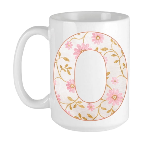 Keely's Letter O Initial Ceramic Coffee Mug, Floral Pink and White Design 11 oz