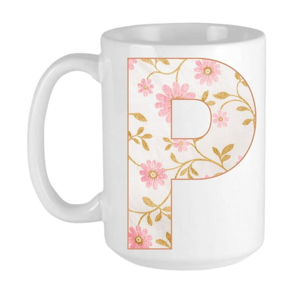 Keely's Letter P Initial Monogram Ceramic Coffee Mug, Floral Pink and White Design 11 oz
