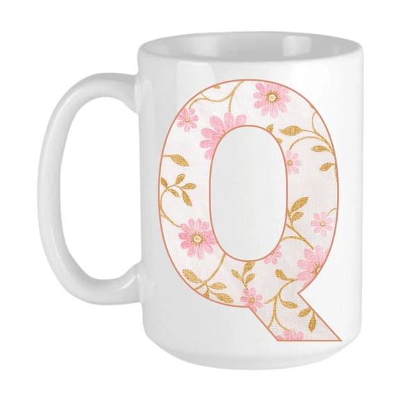 Keely's Letter Q Initial Monogram Ceramic Coffee Mug, Floral Pink and White Design 11 oz