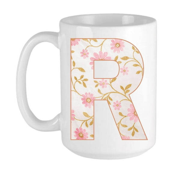 Keely's Letter R Initial Monogram Ceramic Coffee Mug, Floral Pink and White Design 11 oz