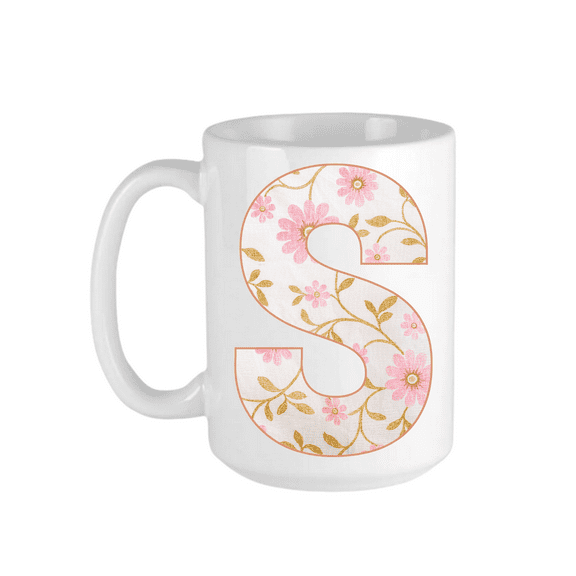 Keely's Letter S Initial Monogram Ceramic Coffee Mug, Floral Pink and White Design 11 oz