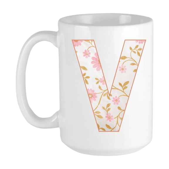 Keely's Letter V Initial Monogram Ceramic Coffee Mug, Floral Pink and White Design 11 oz