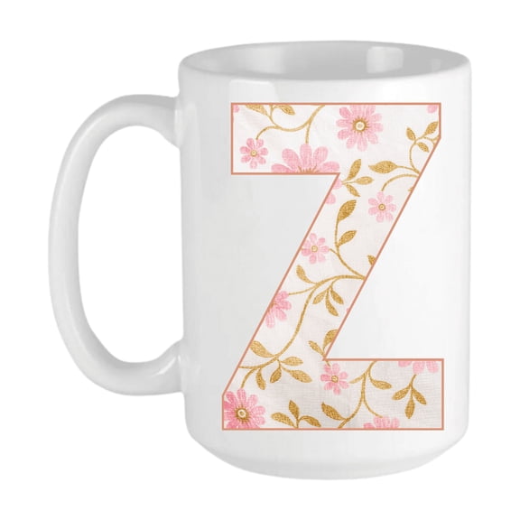 Keely's Letter Z Initial Monogram Ceramic Coffee Mug, Floral Pink and White Design 11 oz