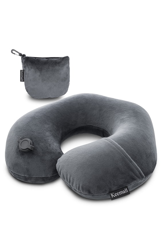 Inflatable Travel Neck Pillow, Super Soft Plane Neck Support Pillow for Travel Ariplane Sleep Support, Adjustable Neck Cushion Headrest Pillow, Folds Up Nicely, Black Grey