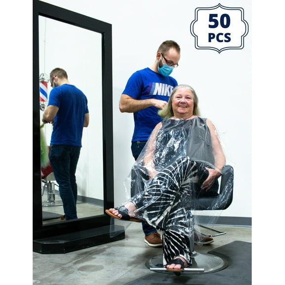 Keen Essentials Disposable Barber Cape (50pcs 57x35in), Extra Thick Waterproof Salon Cape for Hair Cutting and Styling, Transparent Plastic