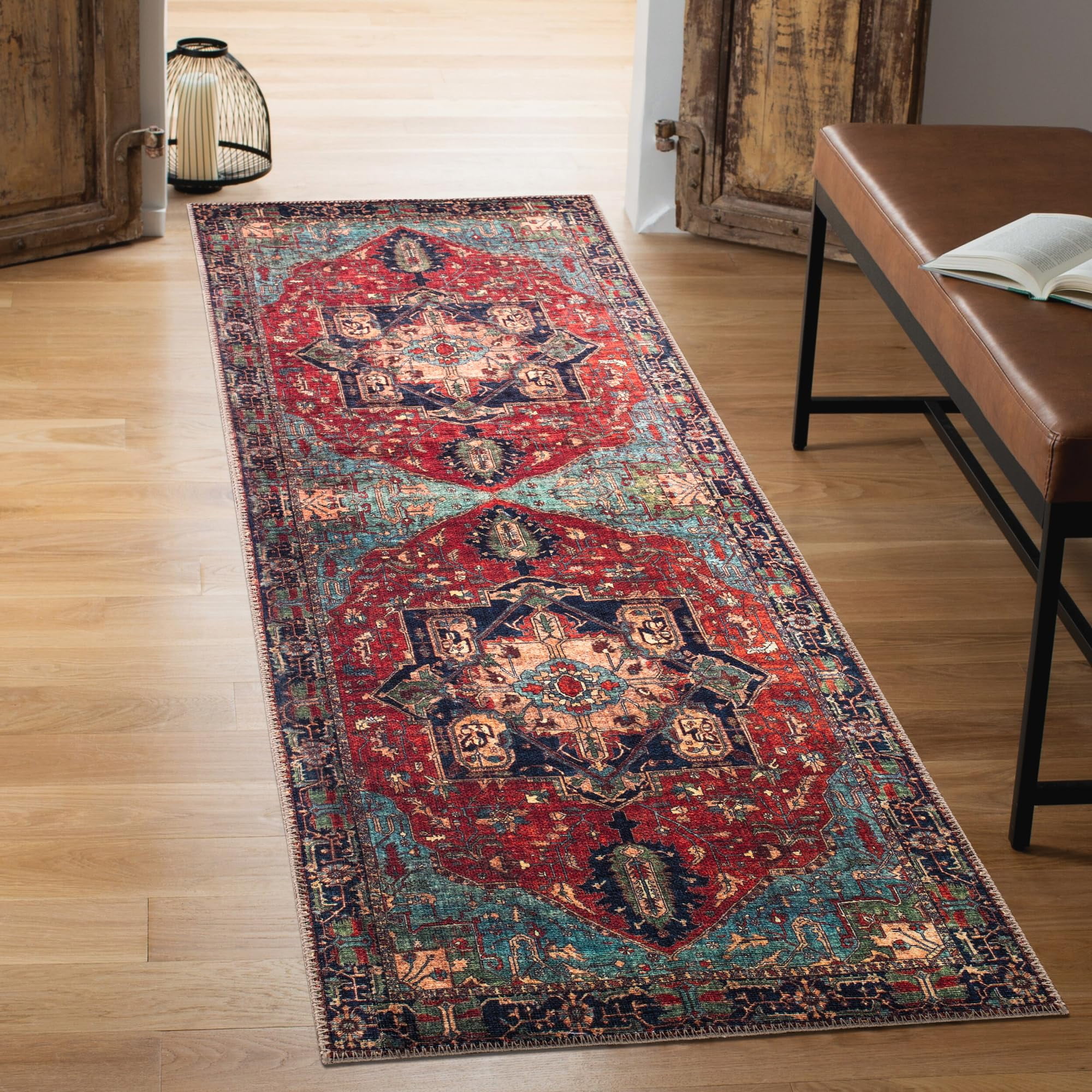 Navy Blue and Red Synthetic Washable Hallway Rug with Non-slip Backing