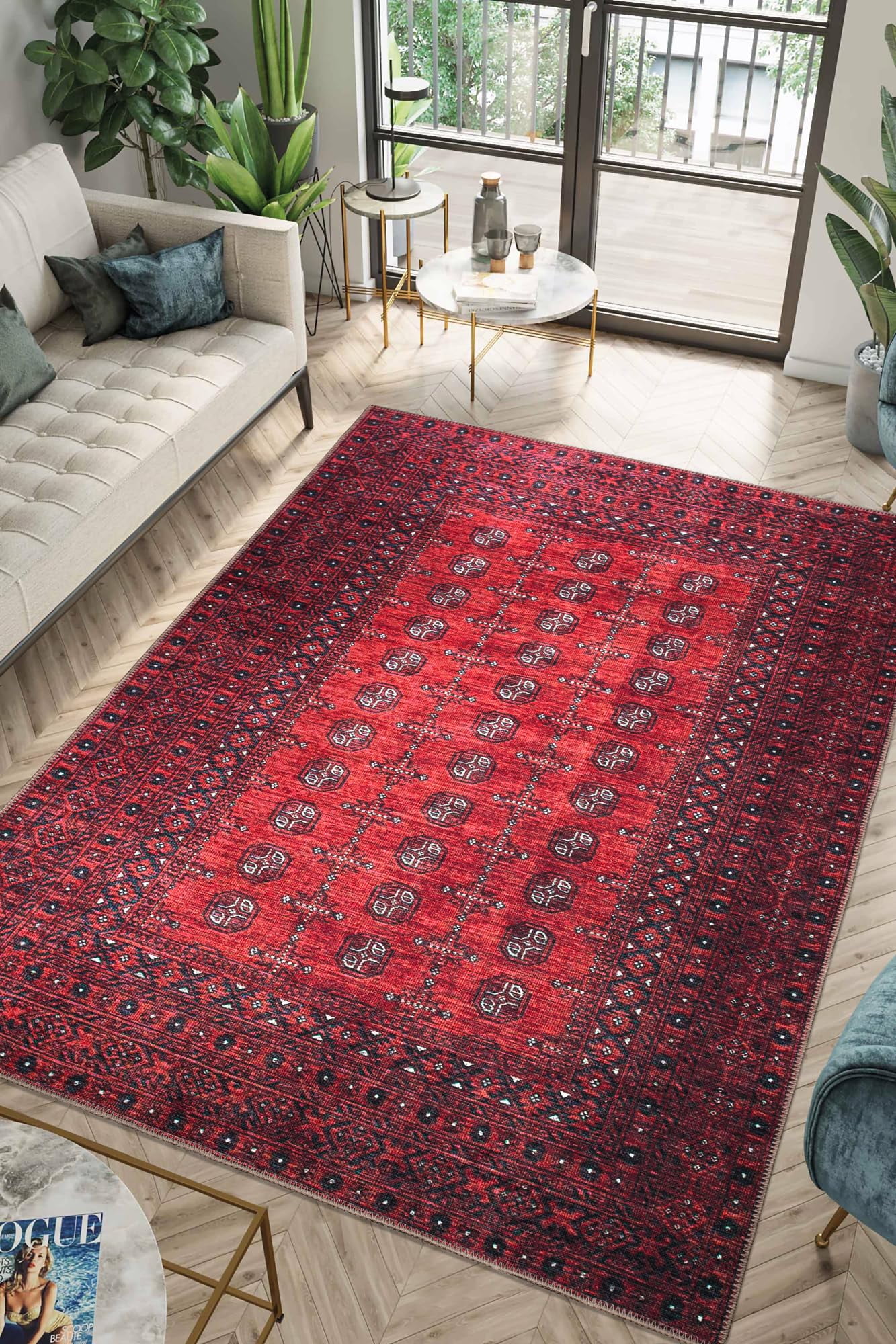 Red and Burgundy 8' x 10' Washable Cotton Area Rug