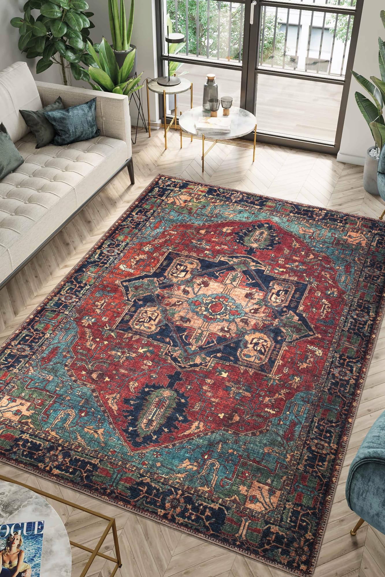 Navy Blue and Red Synthetic Low Pile Area Rug