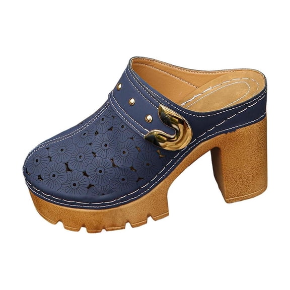 Keen Sandals For Women Spring And Summer Casual Solid Color Closed-Toe High Heels Heel Slippers Summer Slippers Size 6.5 - Navy