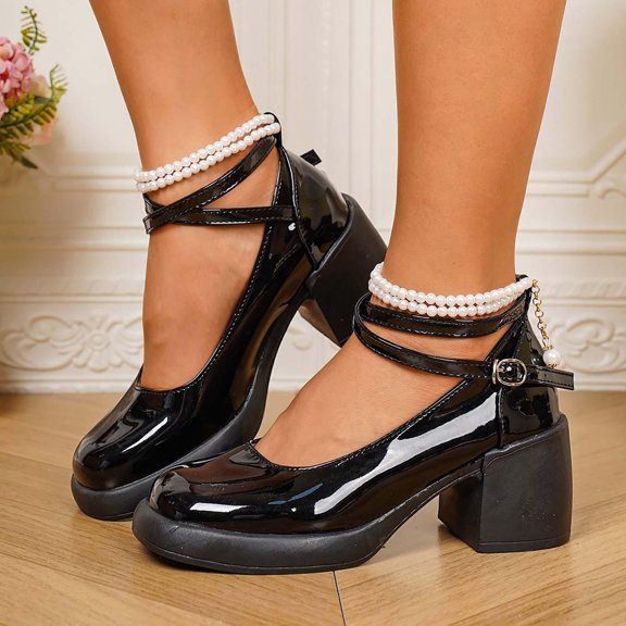 Keen Sandals For Women Spring And Summer Casual Solid Color Pearl Style Waterproof Table Straight Buckle Strap Thick Heel High Heels Spring And Summer Shoes Size 7.5 - Black