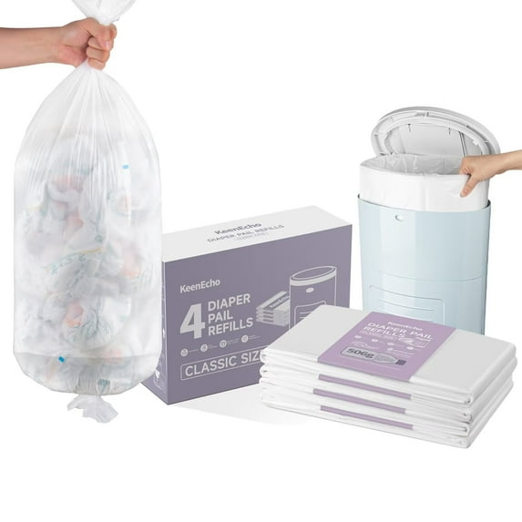 KeenEcho Diaper Pail Refill Bags (4 Pack) - Recycled Ocean Plastic - for Mini/Classic/Plus Diaper Pails, Holds Up to 1200/1980/2320 Newborn Diapers - Fresh Scent & Odor Control for Baby Parents