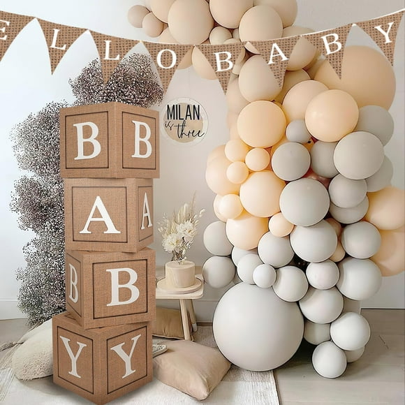 Keencopper Burlap Print Baby Boxes with Letters for Baby Shower, 4pcs Rustic Theme Boho Balloon Boxes Blocks Gender Neutral Baby Shower Decorations for Birthday Gender Reveal Backdrop IFF17