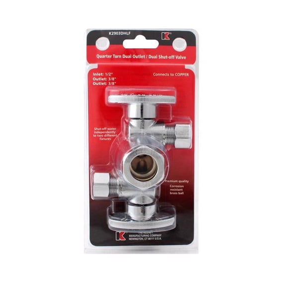 Keeney Dual Outlet Ball Valve K2903DHLF - Brass Compression Valve 3/8 - 6.25" H x 3.25" W x 2" L