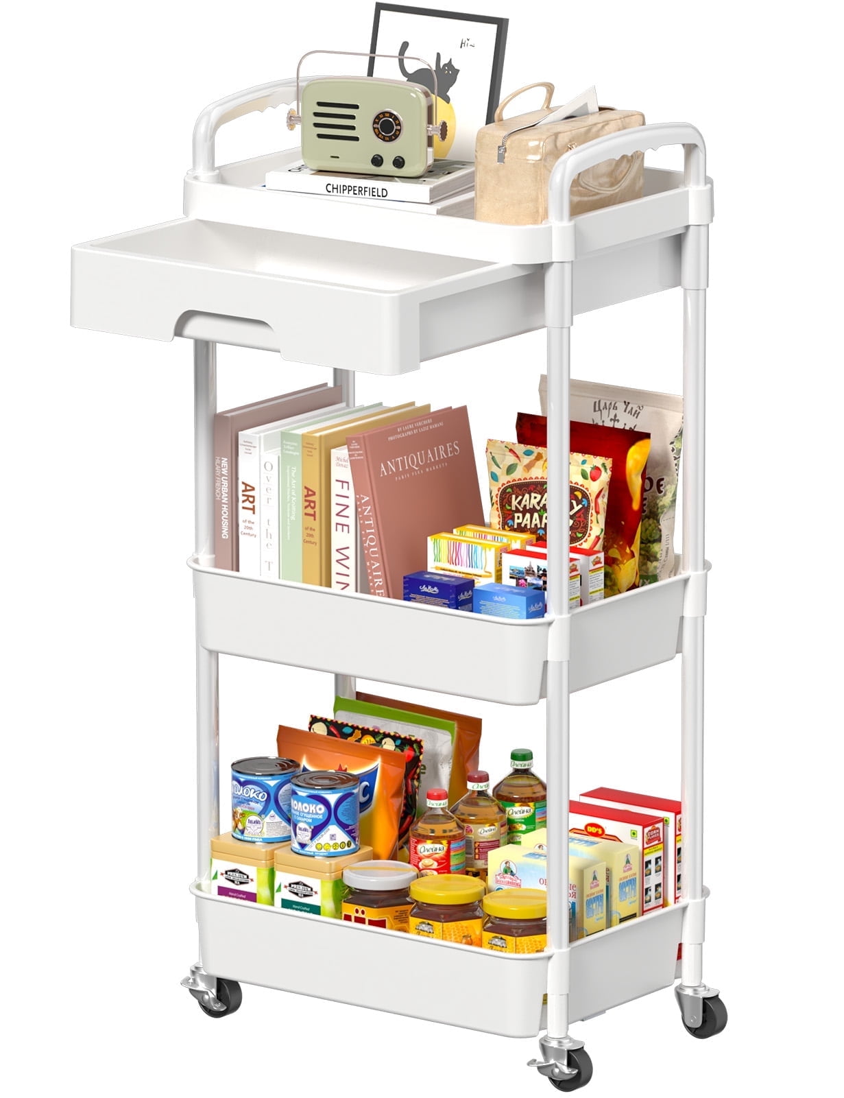 Keenstone 3-Tier Rolling Utility Cart with Drawer, Multifunctional Storage Organizer with Plastic Shelf & Metal Wheels, Storage Cart for Kitchen,Bathroom,Living Room,Office, White