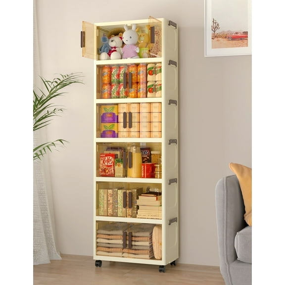 Keenstone 6 Tier Foldable Plastic Storage Bins with Lids, Clear Doors and Wheels, Stackable Modular Closet Organizer