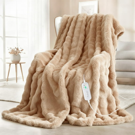 Keenstone Heated Blanket Electric Throw Blanket 50"x60",Machine Washable Fast Heating Blanket with 9 Heat Settings,6 Hours Auto off,Flannel Faux Rabbit Fur Bubble Electric Blanket Brown