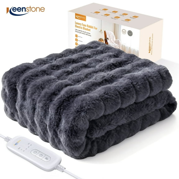 Keenstone Heated Blanket Electric Throw Blanket 50"x60",Machine Washable Fast Heating Blanket with 9 Heat Settings,6 Hours Auto Off,Flannel Faux Rabbit Fur Bubble Electric Blanket Gray