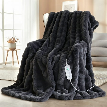 Keenstone Heated Blanket Electric Throw Blanket 50"x60",Machine Washable Fast Heating Blanket with 9 Heat Settings,6 Hours Auto off,Flannel Faux Rabbit Fur Bubble Electric Blanket Gray