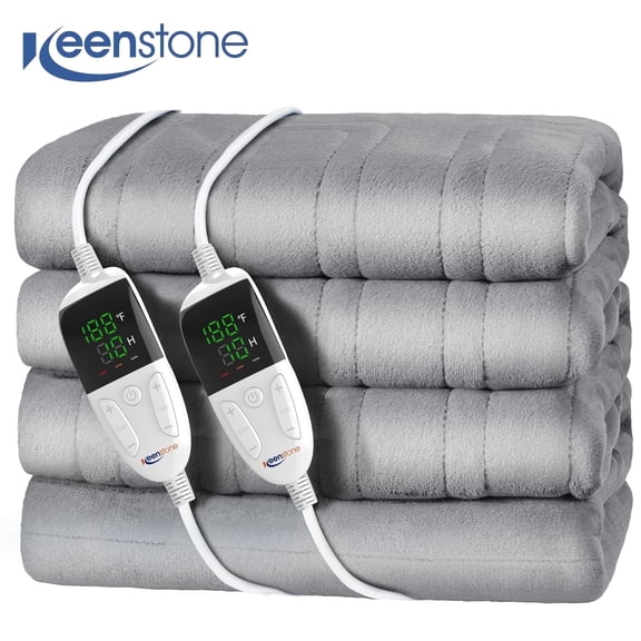 Keenstone Double-sided Flannel Electric Heated Blanket King Size Dual Control, 90"x100" Machine Washable Fast Heating Blanket with 6 Heating Levels &10 Hours Auto Off, Gray