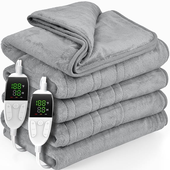 VECUKTY Double-sided Flannel Electric Heated Blanket Queen Size Dual Control, 84"x90" Machine Washable Fast Heating Blanket with 6 Heating Levels &10 Hours Auto Off,Gray