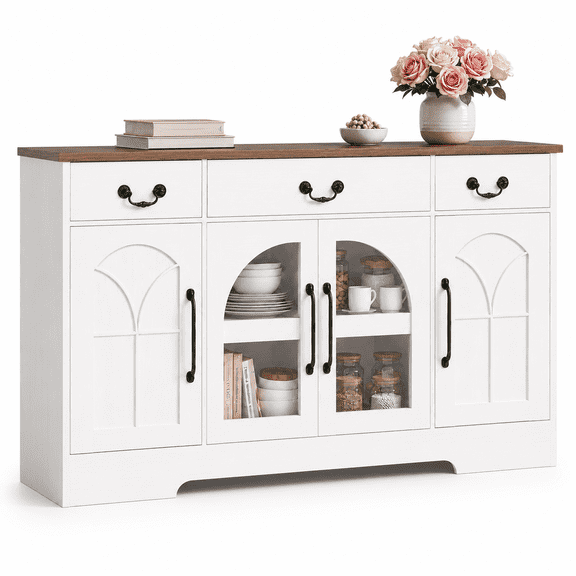 Keenstone Expandable Sideboard Buffet Cabinet with Drawers and Glass Doors, 55.1" Buffet Cabinet with Storage, Coffee Bar Cabinet with Adjustable Shelves, White