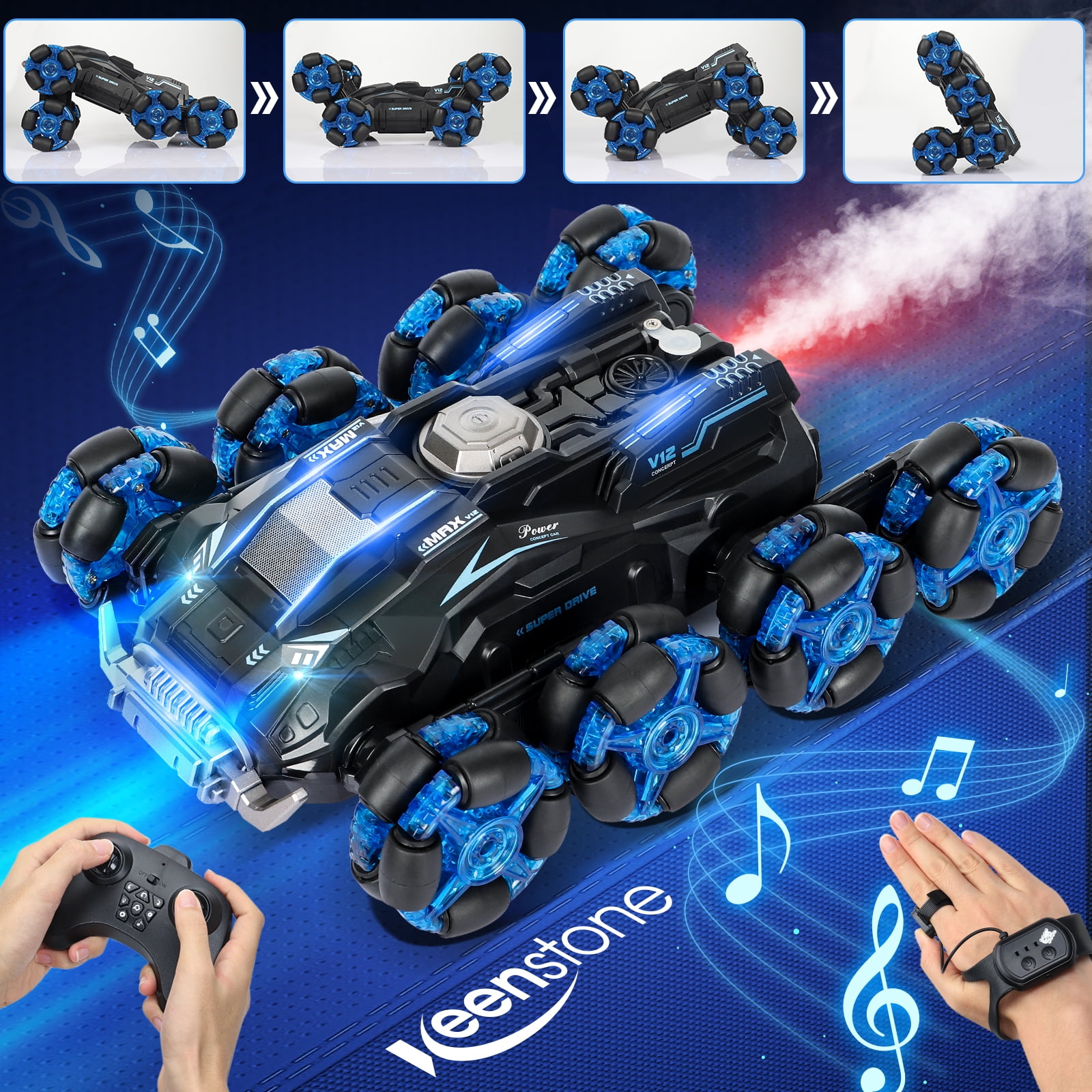 Keenstone Remote Control Car,RC Race Stunt Car Monster Truck with Gesture Control ,Transformation Double-side Driving, Gift for Kids Age 5+,Eight Wheel Blue