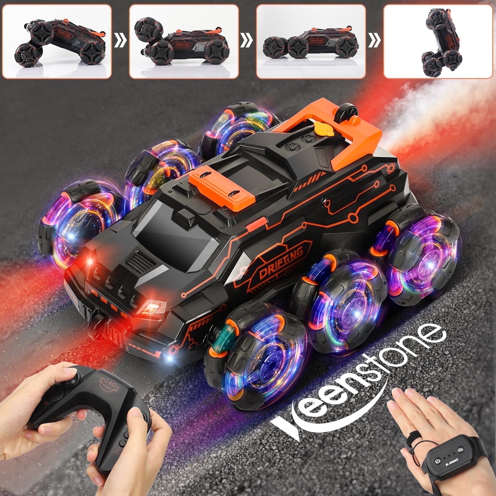 Vecukty Remote Control Car, Six-Wheel Drive RC Stunt Car with Gesture Control, Simulated Exhaust Spray, Suitable The Best Christmas Birthday Gift for 5-15 Year Old, Orange