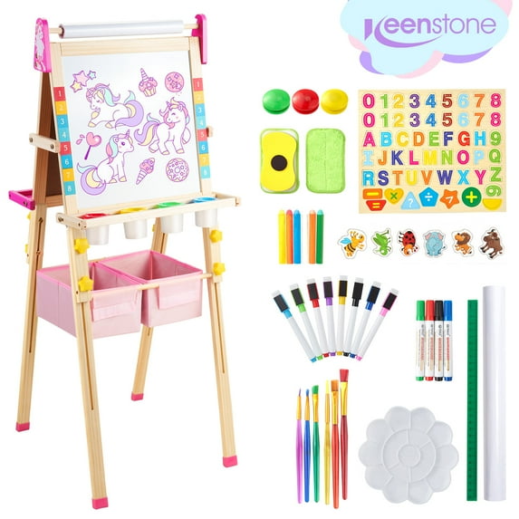 Keenstone Unicorn Art Easel for Kids, Learning-Toy for 3,4,5,6,7,8 Years Old Boy&Girls, Wooden Chalkboard&Magnetic Whiteboard&Painting Paper Stand, Gift&Art Supplies for Toddler