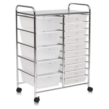 Keeomi 15-Drawer Storage Cart, 15 Drawer Trolley, Rolling Organizer Cart, Scrapbook Paper Organizer, Suitable for Office and School, Rolling Office Organizer Tools (Clear)