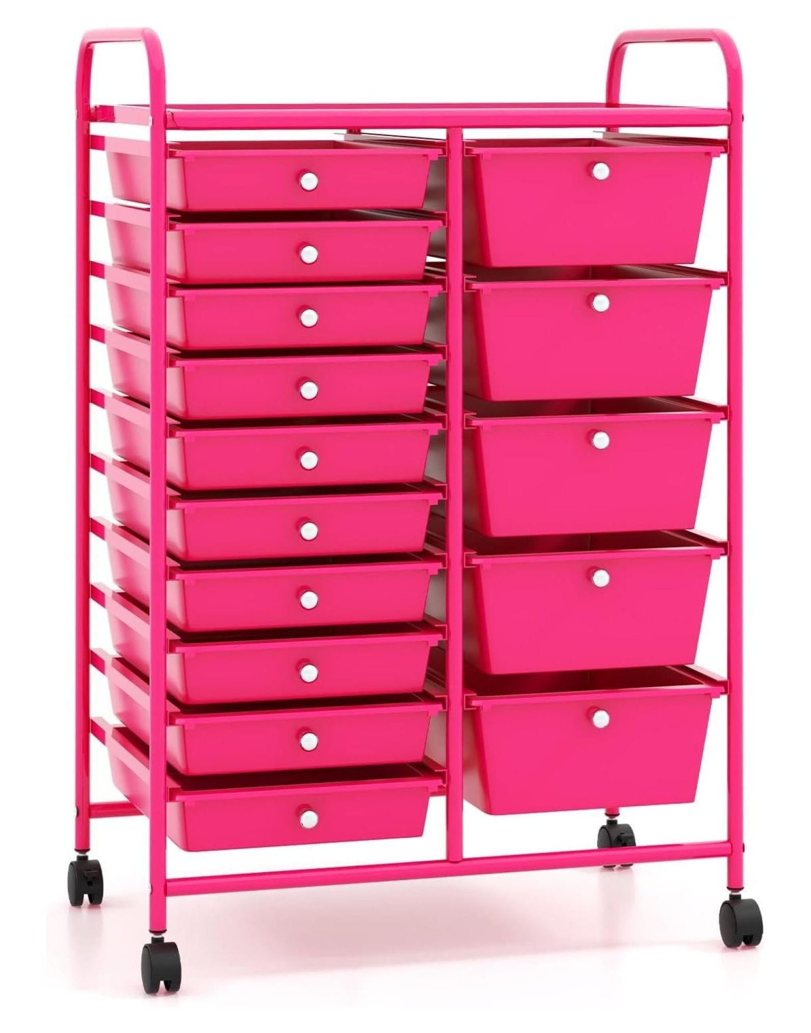 Hot Pink Steel Frame 15-Drawer Rolling Storage Cart