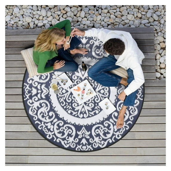 Keeomi 5Ft Round Outdoor Rug for Patios Waterproof, Plaid Reversible Door Mat Plastic Camping Rugs, Straw Rug Indoor Rugs Carpet for RV, Deck, Balcony, Porch, Picnic, Beach, Blue/White