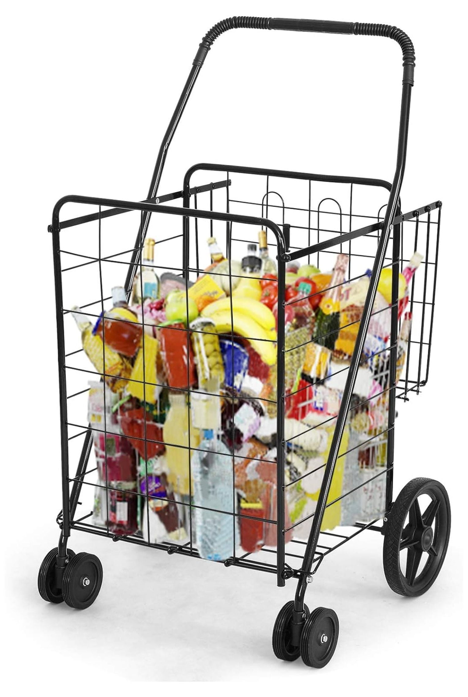 Black Metal Folding Utility Cart with Dual Baskets and Swivel Wheels